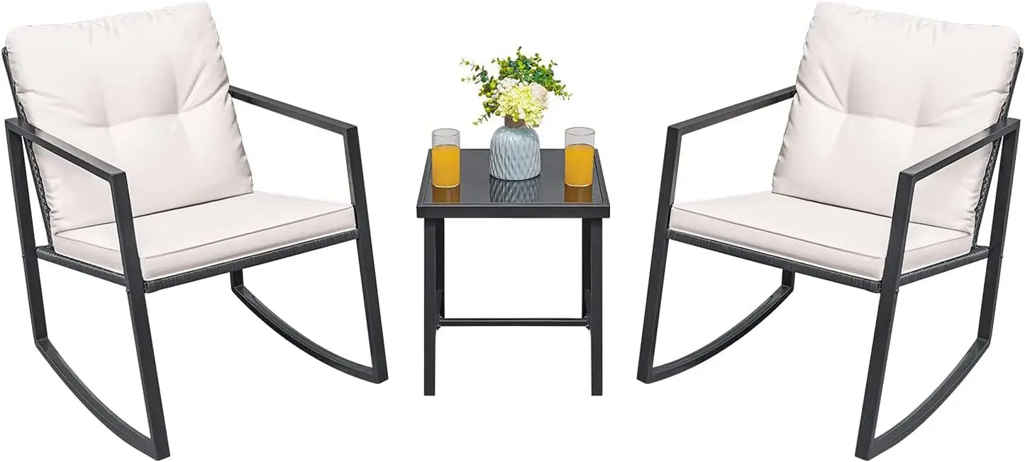 3 Pieces Rocking Wicker Bistro Set, Patio Outdoor Furniture Conversation Sets with Porch Chairs and Glass Coffee Table, Beige