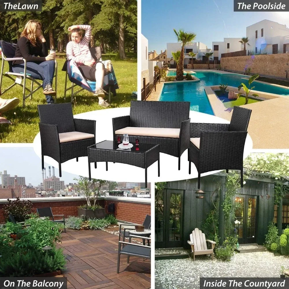 4 Pieces Patio Rattan Chair Wicker Set Garden Furniture Sofa Outdoor