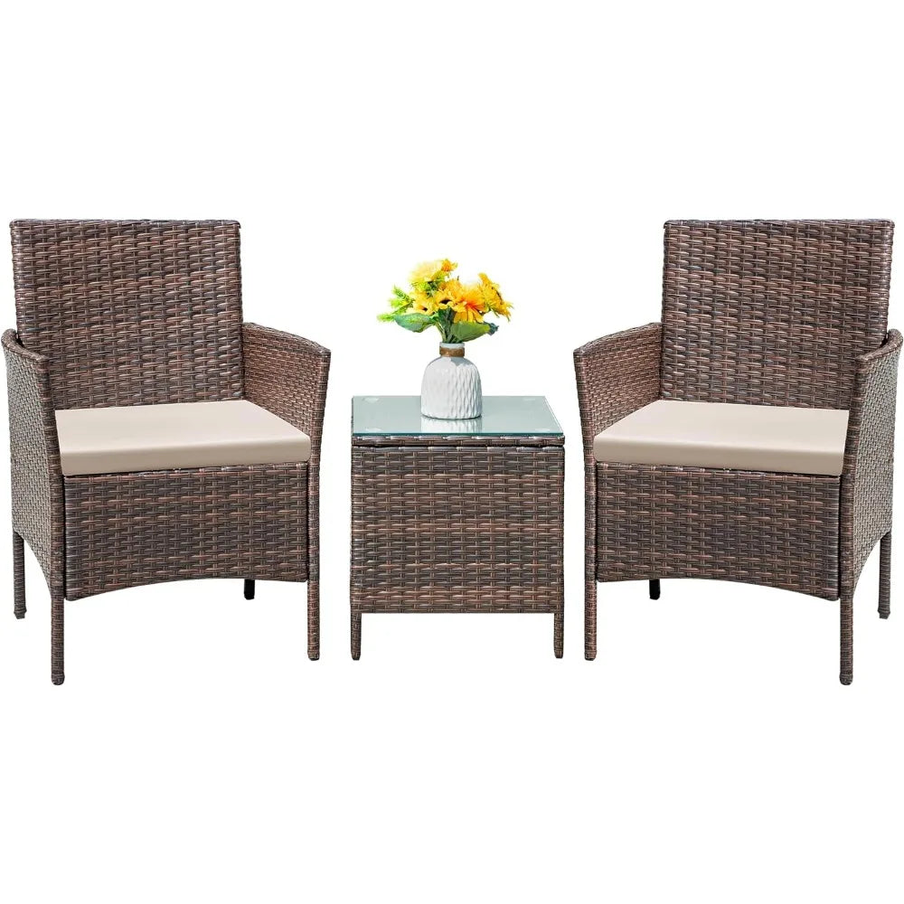 Patio Furniture Set 3 Pieces All-Weather Rattan Outdoor Furniture Patio Chairs with Tempered Glass Table (Brown/Cream)
