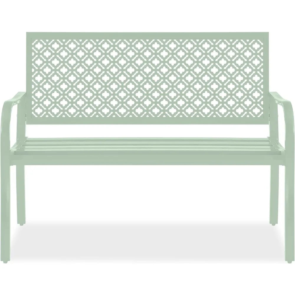 Outdoor Bench 2-Person Metal Steel Benches Furniture for Garden, Patio, Porch, Entryway w/Geometric Backres