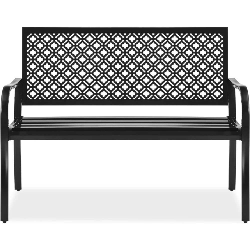 Outdoor Bench 2-Person Metal Steel Benches Furniture for Garden, Patio, Porch, Entryway w/Geometric Backres
