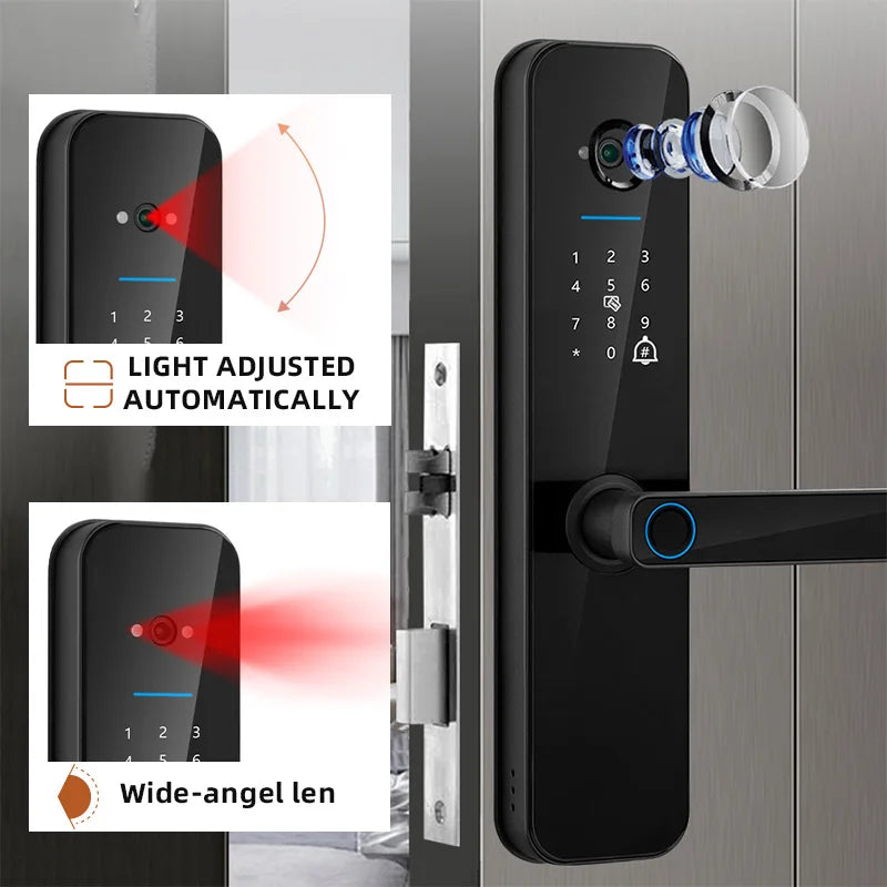 XSDTS Tuya Wifi Digital Electronic Smart Door Lock With Biometric Camera Fingerprint Smart Card Password Key Unlock