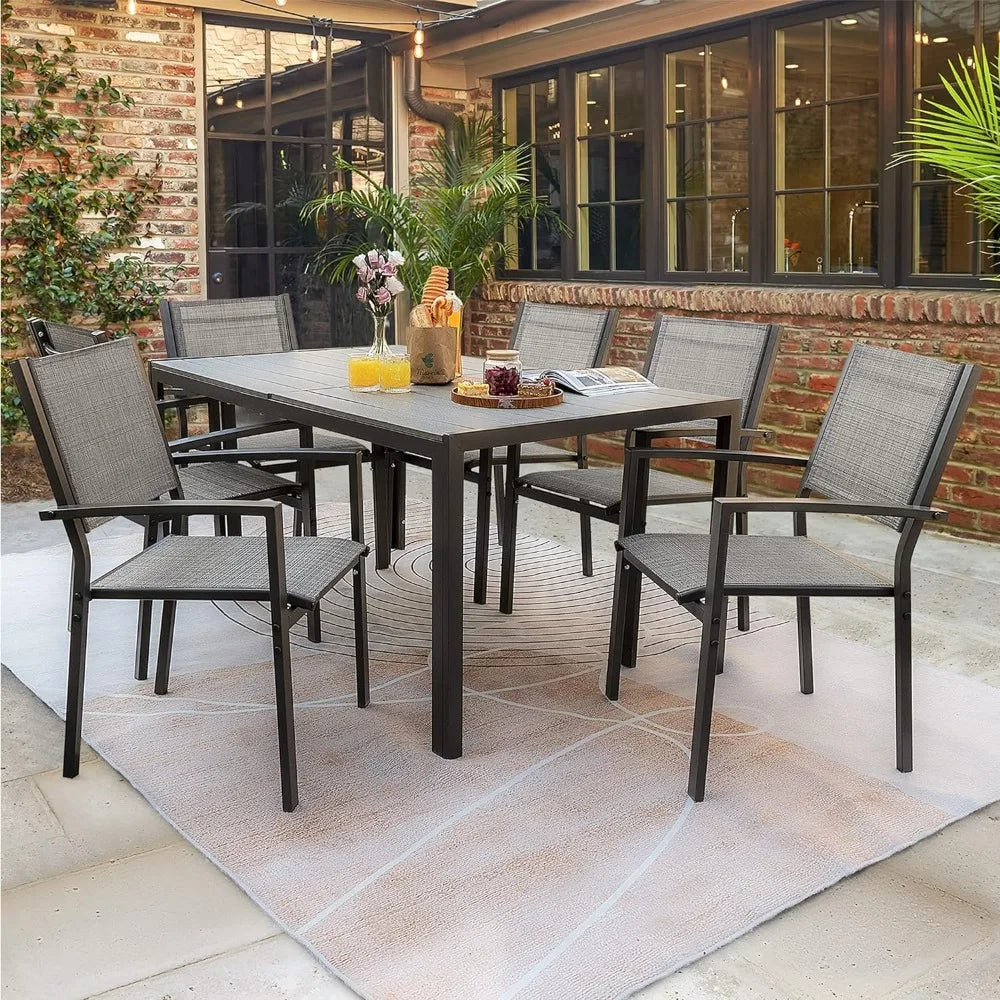 7 Piece Patio Dining Set Outdoor Furniture Set With Weather Resistant Table and 6 Stackable Textilene Chairs for Garden Yard