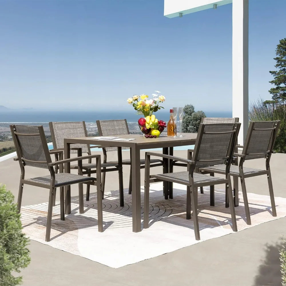 7 Piece Patio Dining Set Outdoor Furniture Set With Weather Resistant Table and 6 Stackable Textilene Chairs for Garden Yard