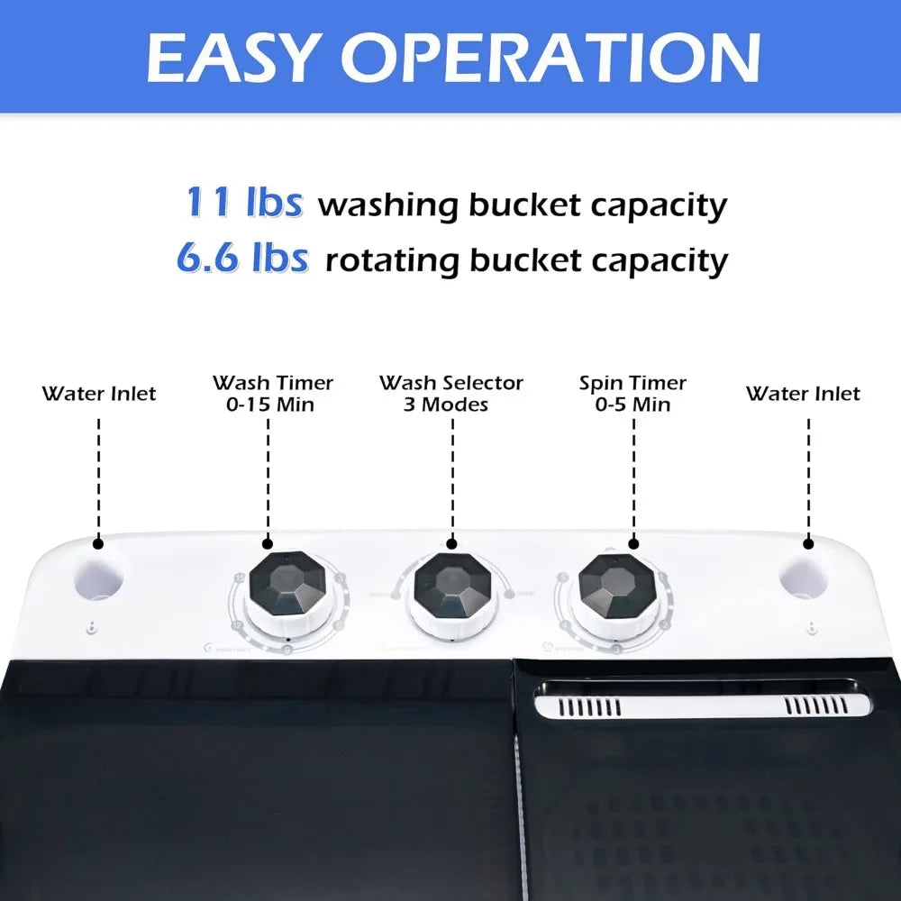 Portable Washing Machine 17.6Lbs Capacity Mini Compact Twin Tub Laundry Washer & Spinner with Gravity Drain Pump for Apartment