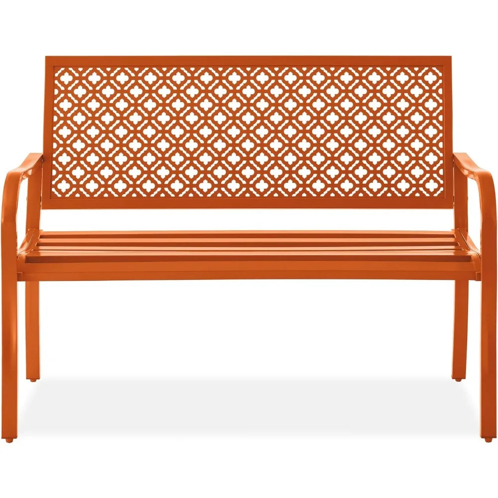 Outdoor Bench 2-Person Metal Steel Benches Furniture for Garden, Patio, Porch, Entryway w/Geometric Backres