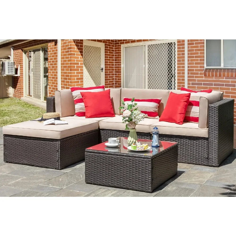 5-piece terrace furniture set, all-weather brown PE wick outdoor sofa combination set, with Ottoman, glass table, beige color