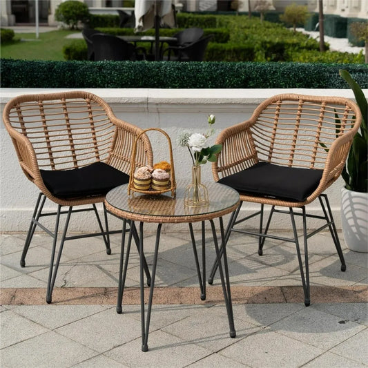 3 Piece Outdoor Wicker Furniture Patio Set, with Cushions, Wicker Patio Chairs Patio Furniture Set for Outdoor Poolside Garden