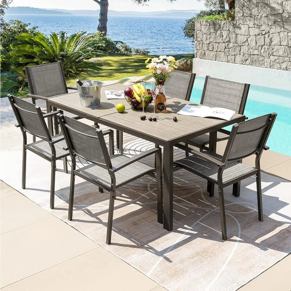 7 Piece Patio Dining Set Outdoor Furniture Set With Weather Resistant Table and 6 Stackable Textilene Chairs for Garden Yard