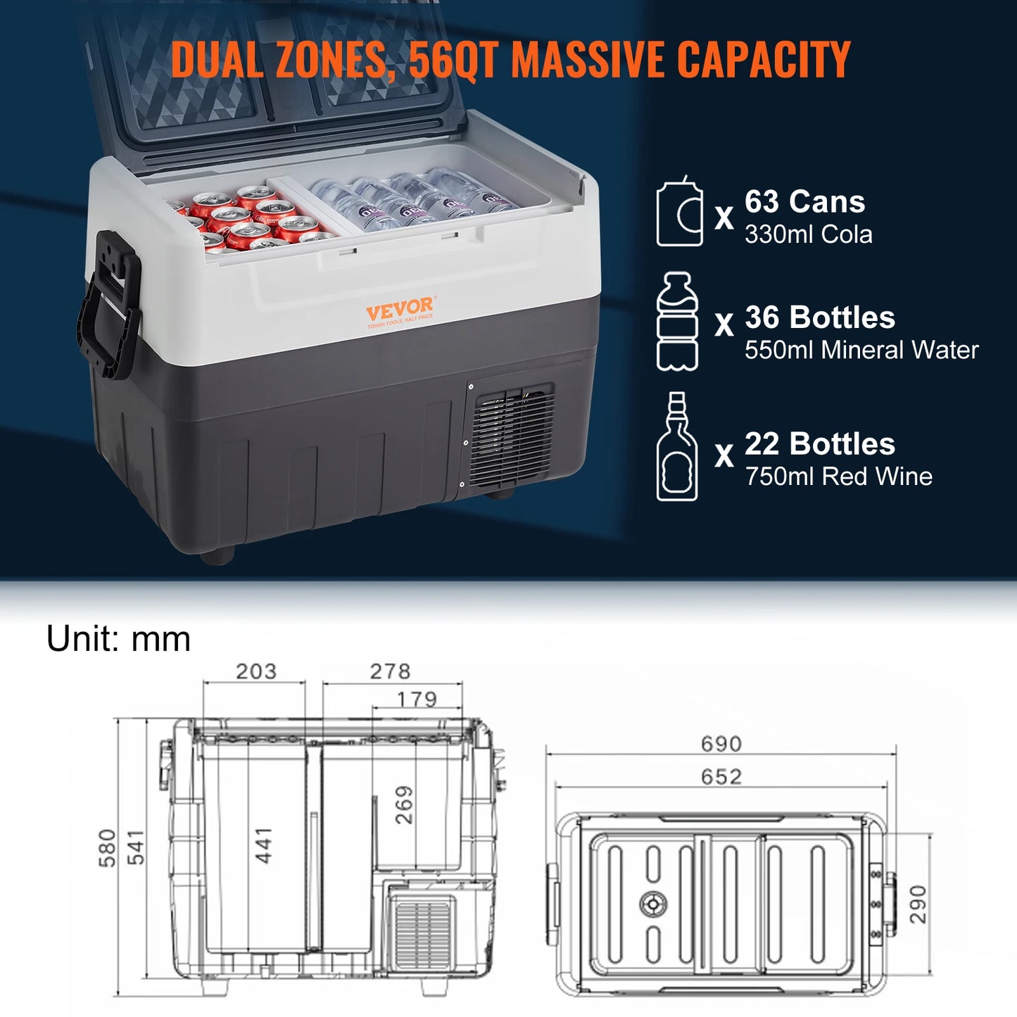 VEVOR Car Refrigerator, 55 L Dual Zone Portable Freezer, -4℉-50℉ Adjustable Range, 12/24V DC and 100-240V AC Compressor Cooler