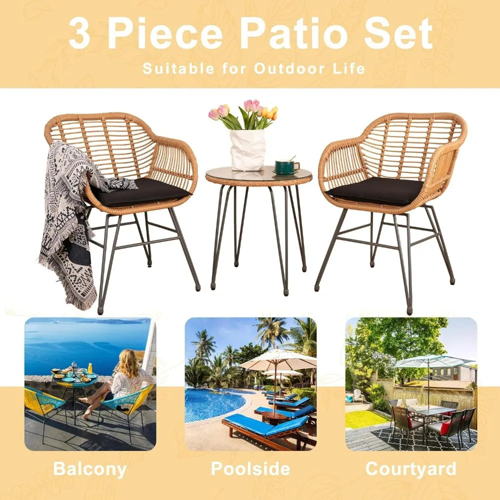 3 Piece Outdoor Wicker Furniture Patio Set, with Cushions, Wicker Patio Chairs Patio Furniture Set for Outdoor Poolside Garden