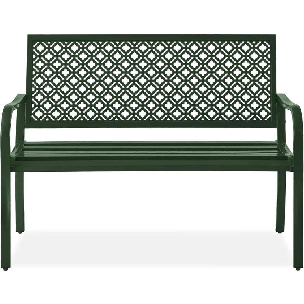 Outdoor Bench 2-Person Metal Steel Benches Furniture for Garden, Patio, Porch, Entryway w/Geometric Backres