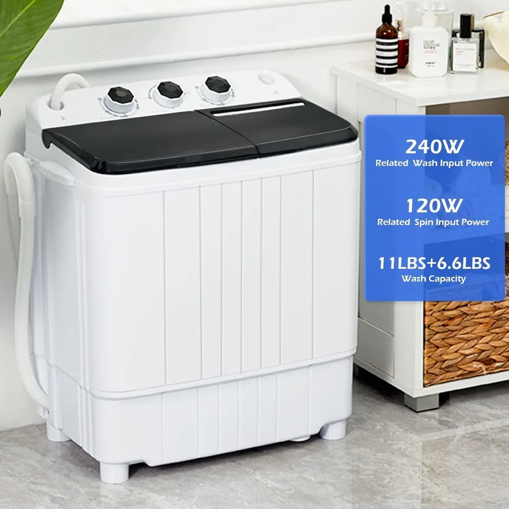 Portable Washing Machine 17.6Lbs Capacity Mini Compact Twin Tub Laundry Washer & Spinner with Gravity Drain Pump for Apartment