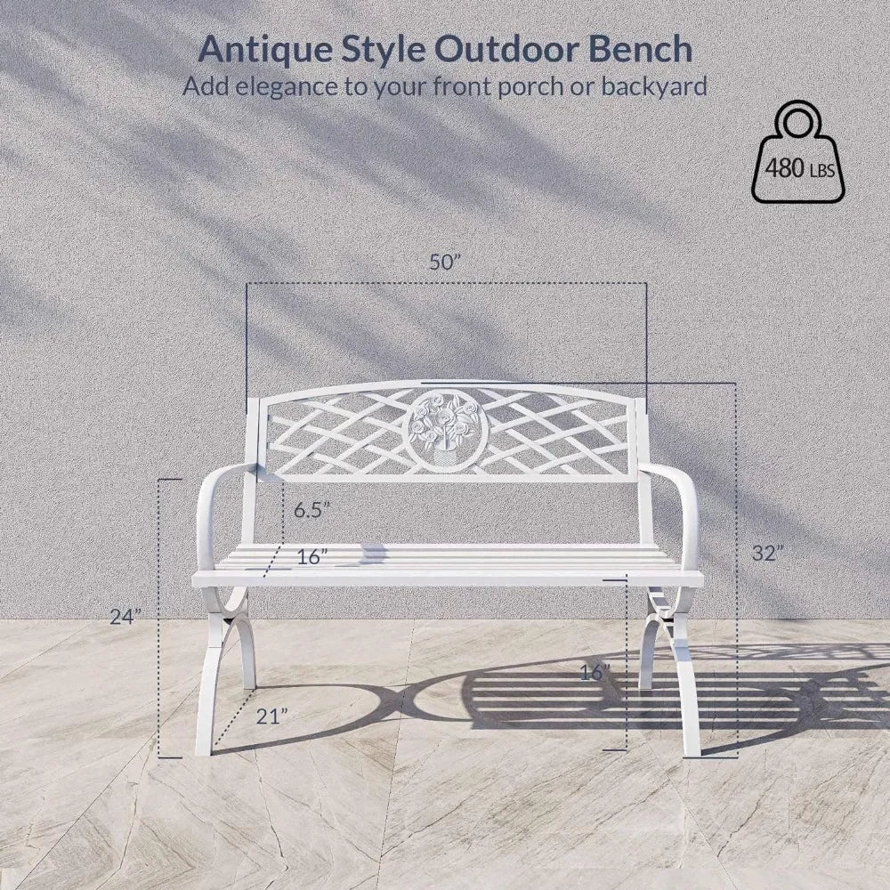 50 inch Outdoor Garden Bench, Cast Iron Metal Loveseat Chairs for Park, Yard, Porch, Balcony, Backyard, Patio Seat Furniture