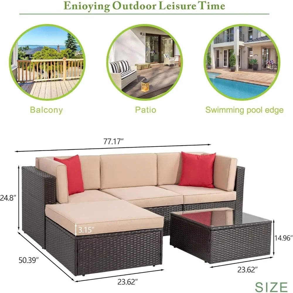 5-piece terrace furniture set, all-weather brown PE wick outdoor sofa combination set, with Ottoman, glass table, beige color