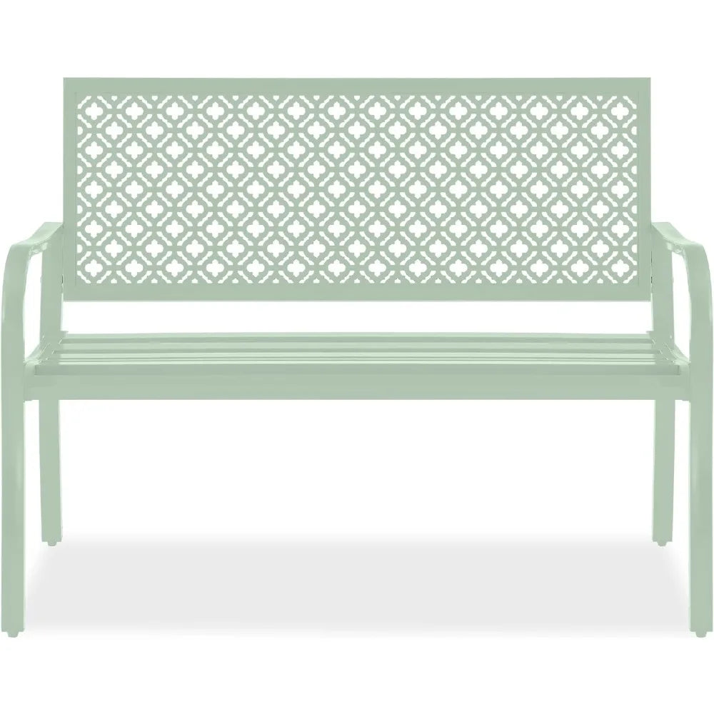 Outdoor Bench 2-Person Metal Steel Benches Furniture for Garden, Patio, Porch, Entryway w/Geometric Backres