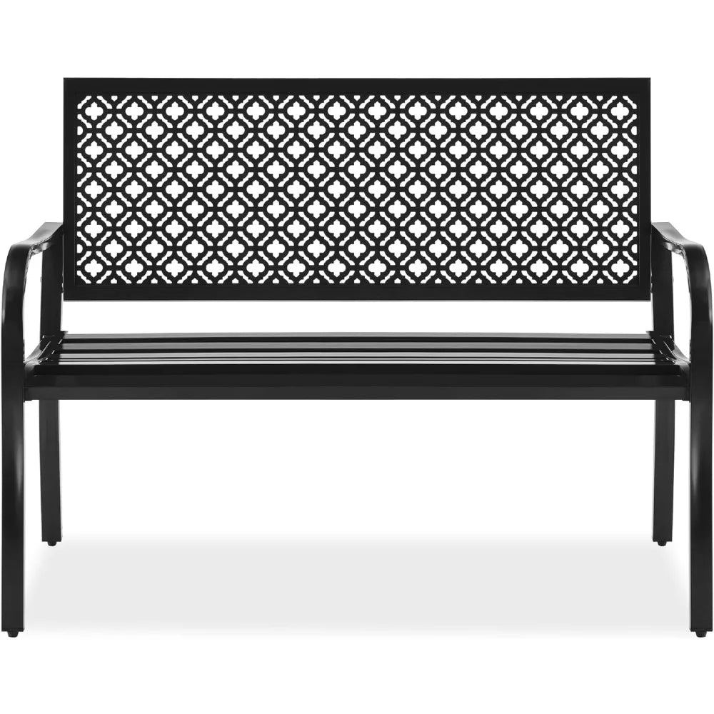 Outdoor Bench 2-Person Metal Steel Benches Furniture for Garden, Patio, Porch, Entryway w/Geometric Backres