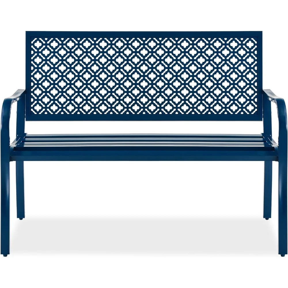 Outdoor Bench 2-Person Metal Steel Benches Furniture for Garden, Patio, Porch, Entryway w/Geometric Backres