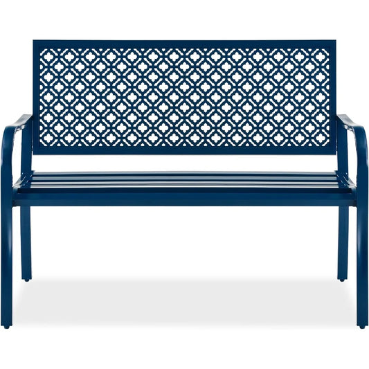 Outdoor Bench 2-Person Metal Steel Benches Furniture for Garden, Patio, Porch, Entryway w/Geometric Backres