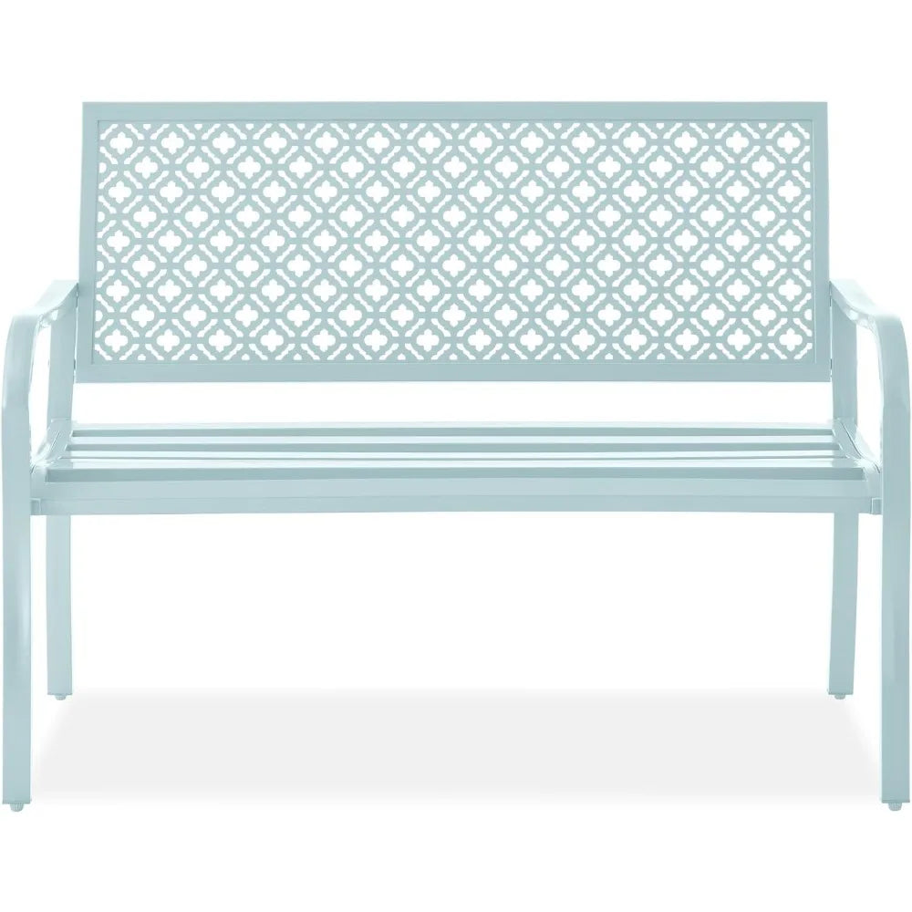 Outdoor Bench 2-Person Metal Steel Benches Furniture for Garden, Patio, Porch, Entryway w/Geometric Backres