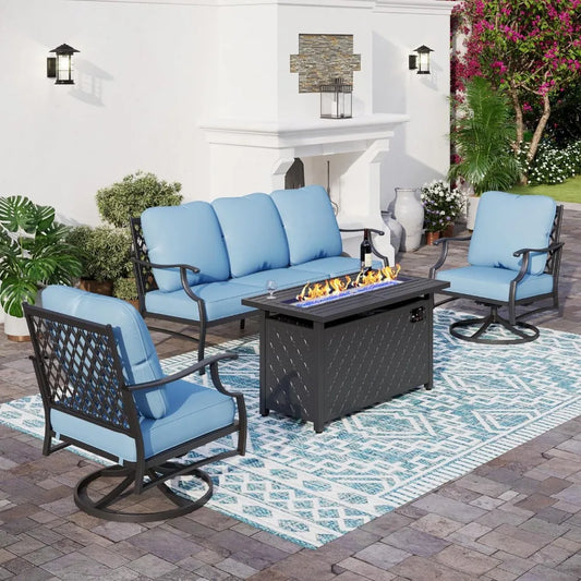 Metal Outdoor Patio Furniture Set with Fire Pit Table, Patio Conversation Sets 4 Swivel Chairs withFire Pit Table