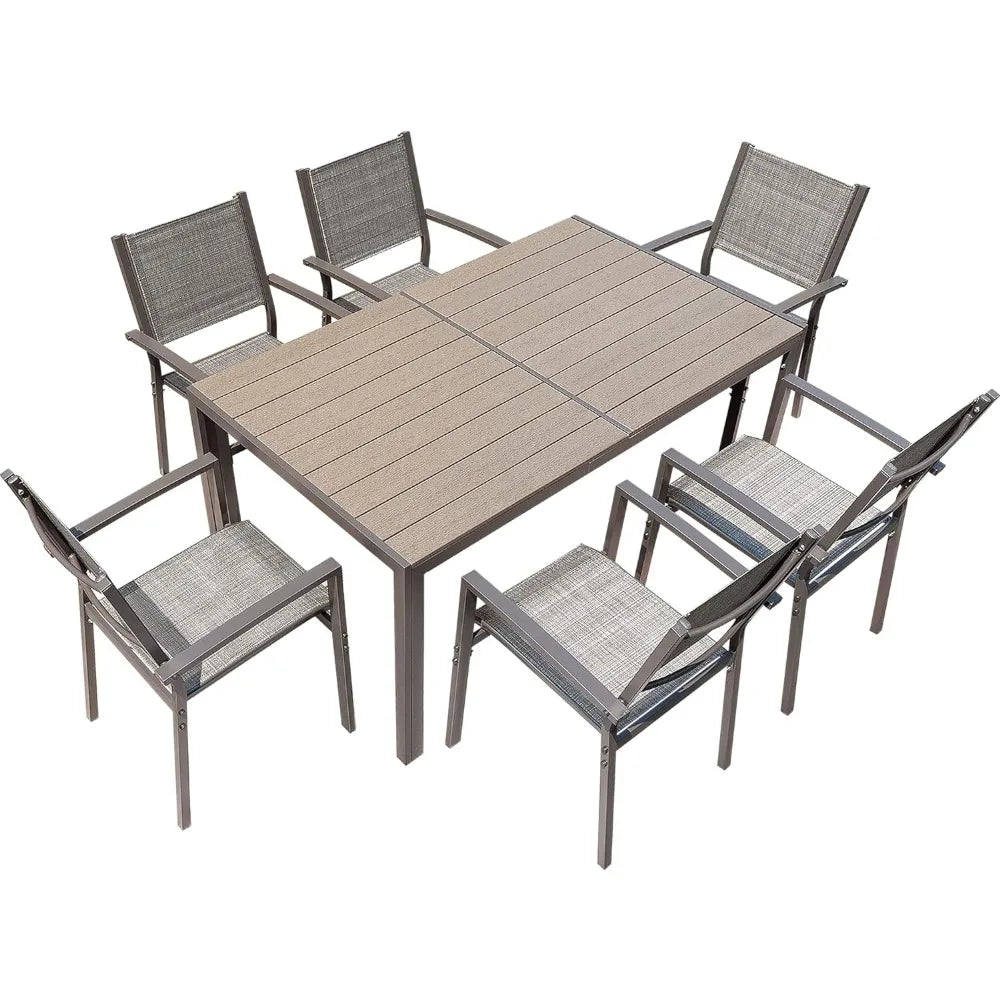 7 Piece Patio Dining Set Outdoor Furniture Set With Weather Resistant Table and 6 Stackable Textilene Chairs for Garden Yard