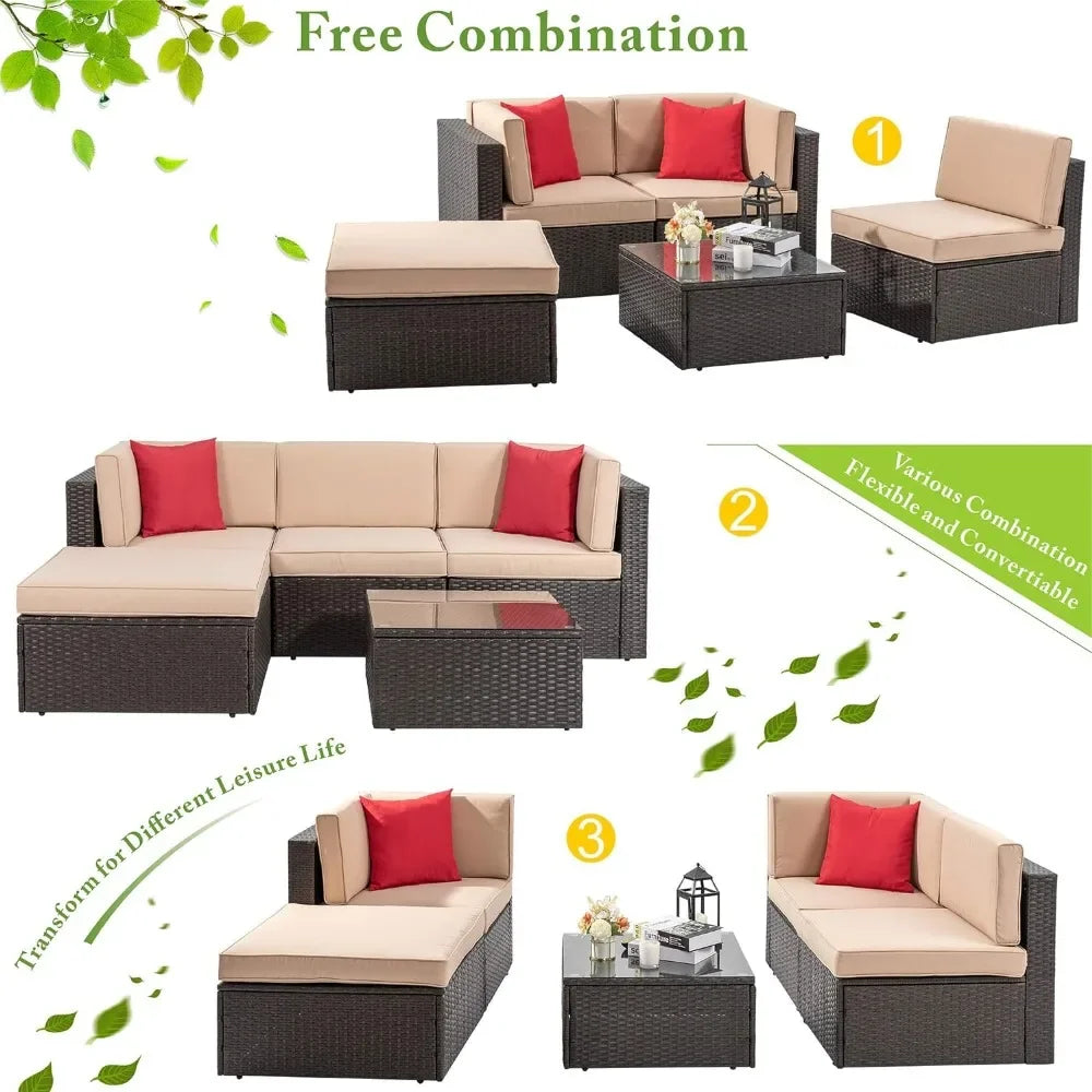 5-piece terrace furniture set, all-weather brown PE wick outdoor sofa combination set, with Ottoman, glass table, beige color